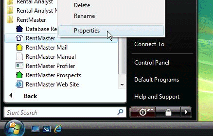 From the start menu, right-click the RentMaster icon and choose properties